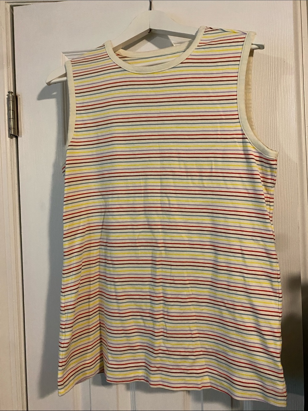Duluth Trading Co Striped Sleeveless Tank - White with Yellow, Red, Blue Stripes